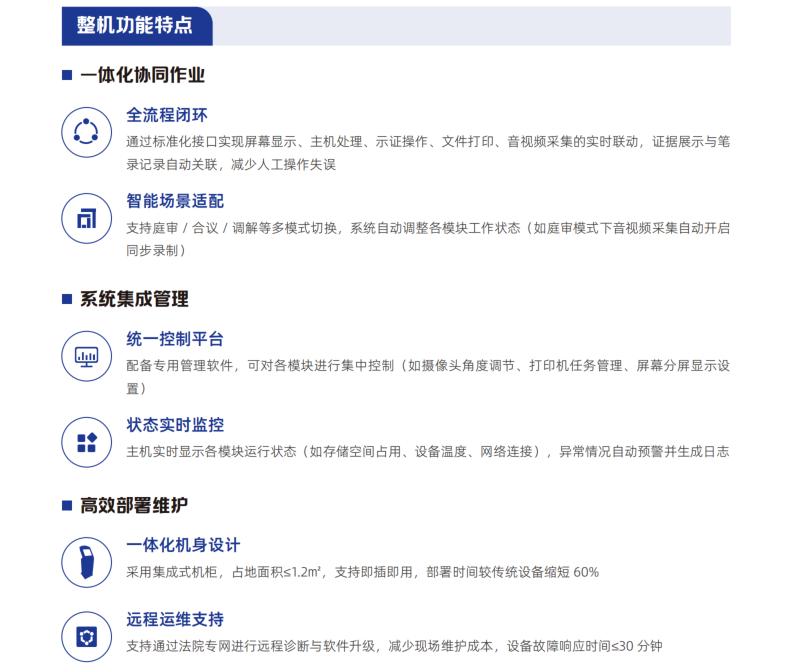 通过标准化接口实现屏幕显示、主机处理、示证操作、文件打印、音视频采集的实时联动，证据展示与笔 录记录自动关联，减少人工操作失误