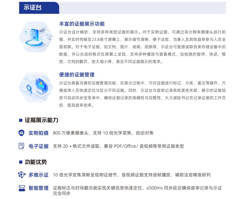 示证台设计精妙，支持多种类型证据的展示。对于实物证据，可通过高分辨率摄像头进行拍 摄，并实时传输至23.8英寸屏幕上，展示细节清晰，便于法官、当事人及其他庭审参与人员全 面观察。对于电子证据，如文档、图片、音频、视频等，示证台可直接读取各类存储设备中的 数据，并以合适的格式在屏幕上呈现，支持多种播放与查看模式，如视频的暂停、快进、慢 放，文档的翻页、放大缩小等，满足不同证据展示的需求。